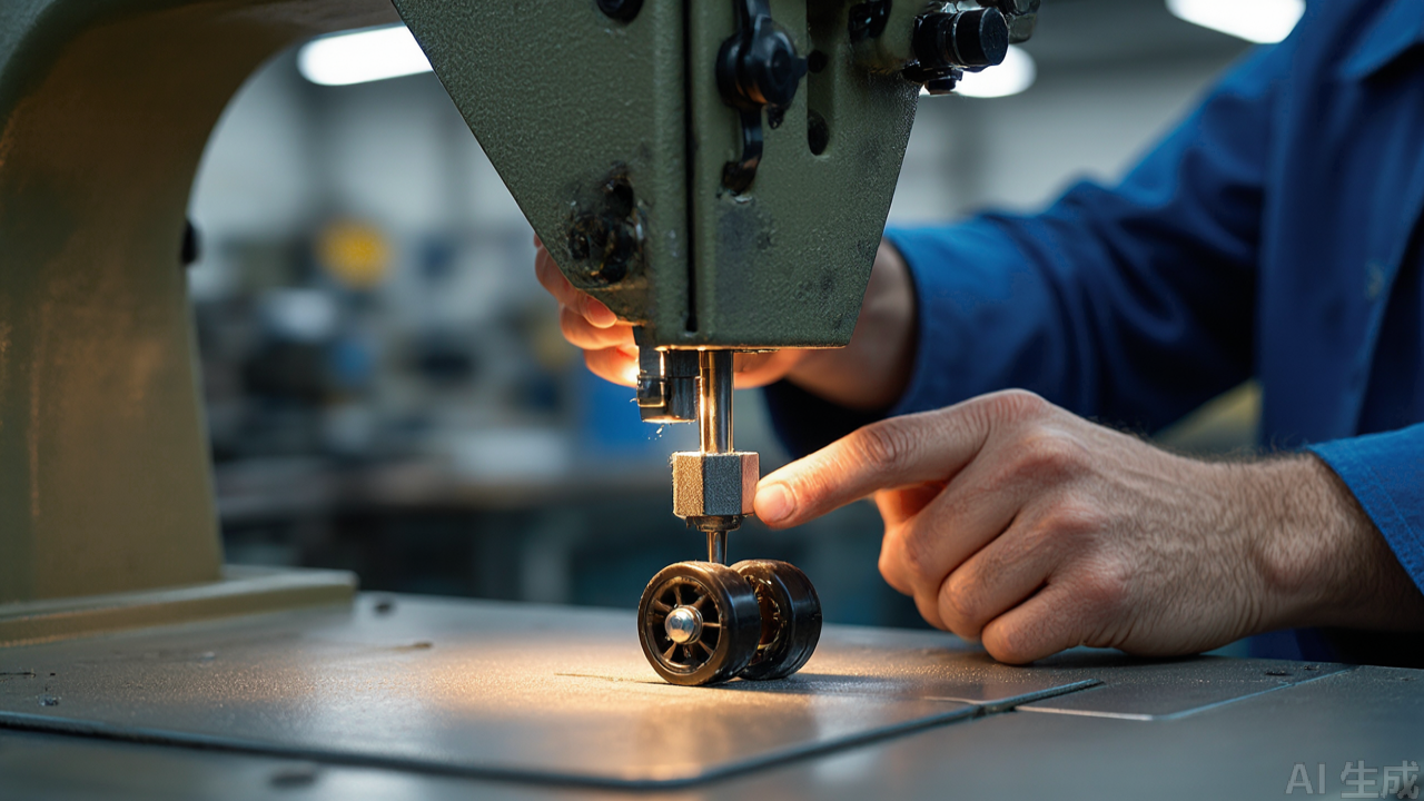 Technician installing roller presser foot with screwdriver on presser bar