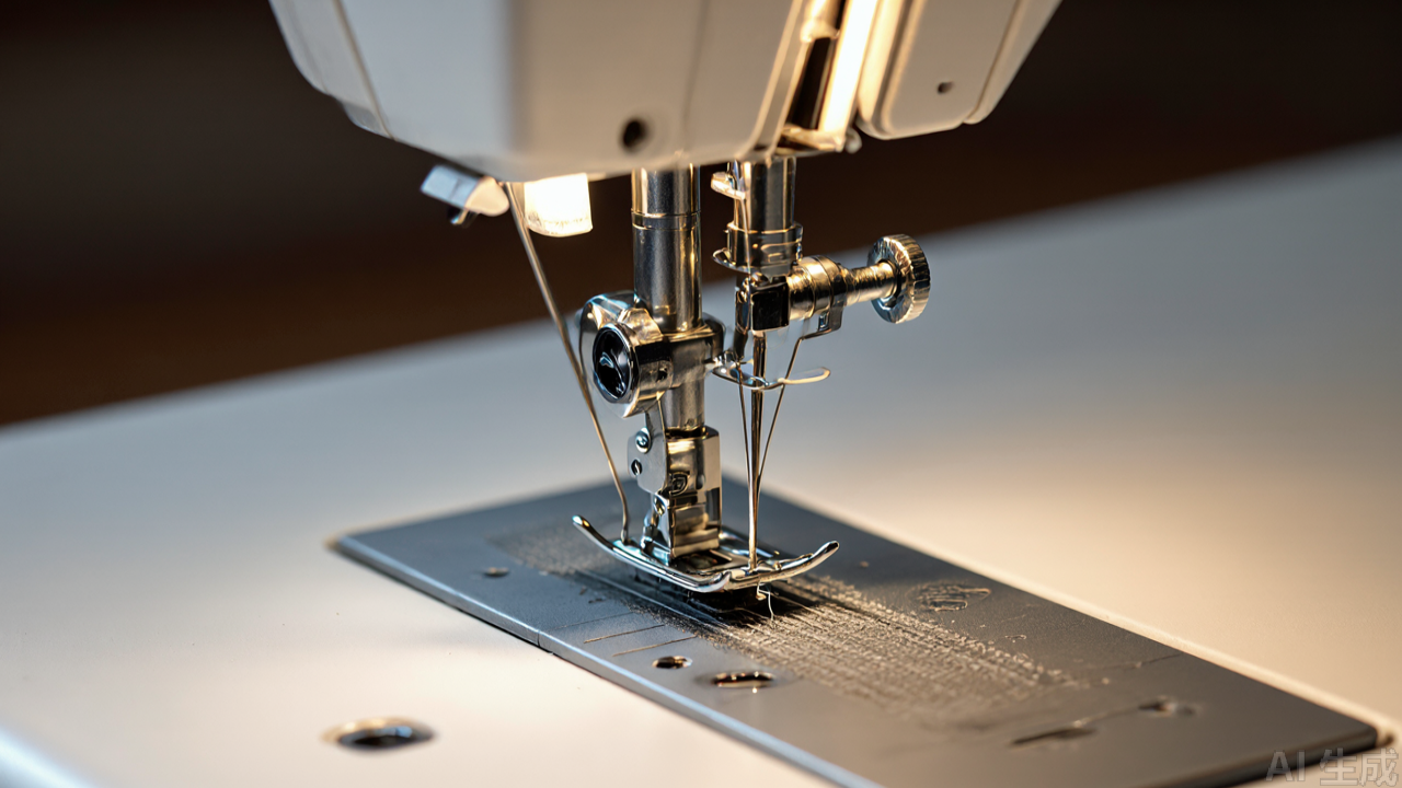 Close-up of rotary hook and needle plate assembly on lockstitch machine