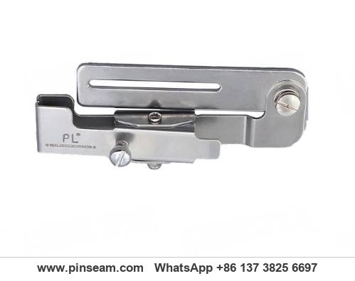 Zipper guide presser foot mounted on industrial lockstitch machine, workshop lighting Zipper guide presser foot mounted on industrial lockstitch machine, workshop lighting