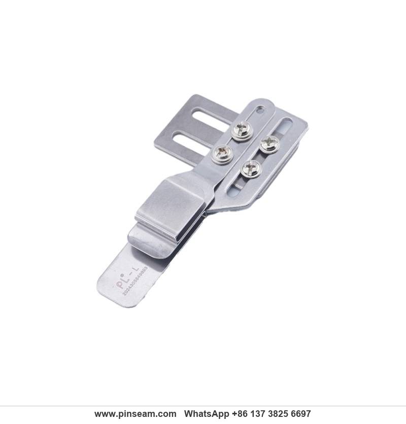 Adjustable lap-seam binder attachment mounted on an industrial sewing machine table Adjustable lap-seam binder attachment mounted on an industrial sewing machine table