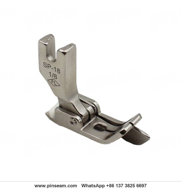 All-steel chrome-plated presser foot with edge guide on an industrial lockstitch machine All-steel chrome-plated presser foot with edge guide on an industrial lockstitch machine